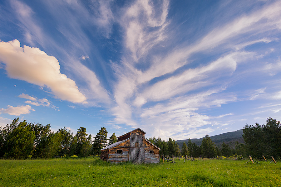 Landscape photograph of an old rustic barn at sunset in Rocky Mountain National Park, Colorado. - Colorado Photography