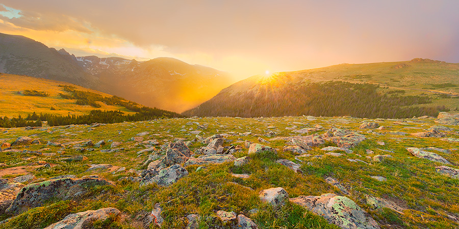 A landscape photograph of a beautiful sunset on the tundra of Rocky Mountain National Park in Colorado. - Colorado Photography