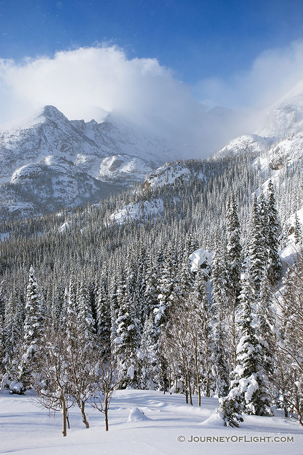 On the trail to Dream Lake, Long's Peak is obscured, encased in blowing snow and clouds in Rocky Mountain National Park, Colorado. - Rocky Mountain NP Photography
