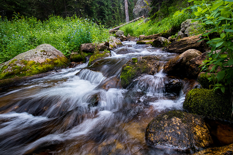 Scenic landscape photograph of cascades found just below Fourth Lake in the backcountry of Rocky Mountain. - Colorado Photography