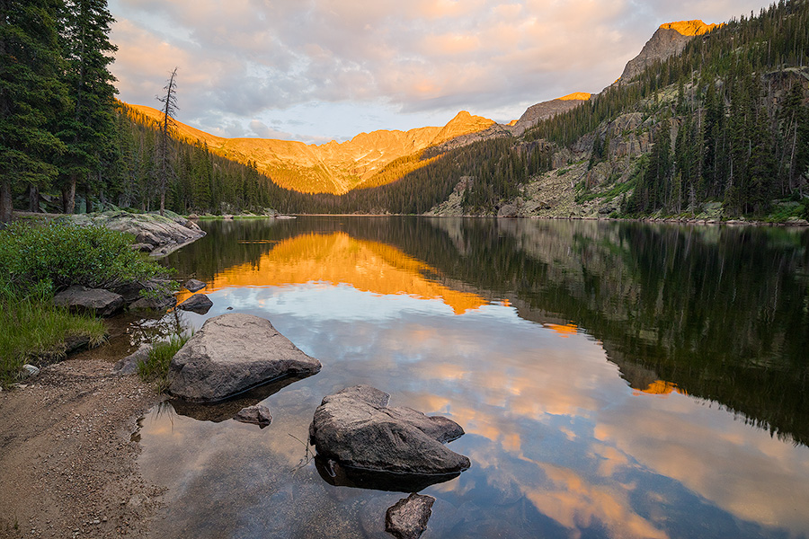 Scenic landscape photograph of Lake Verna in the backcountry of Rocky Mountain National Park, Colorado. - Colorado Photography
