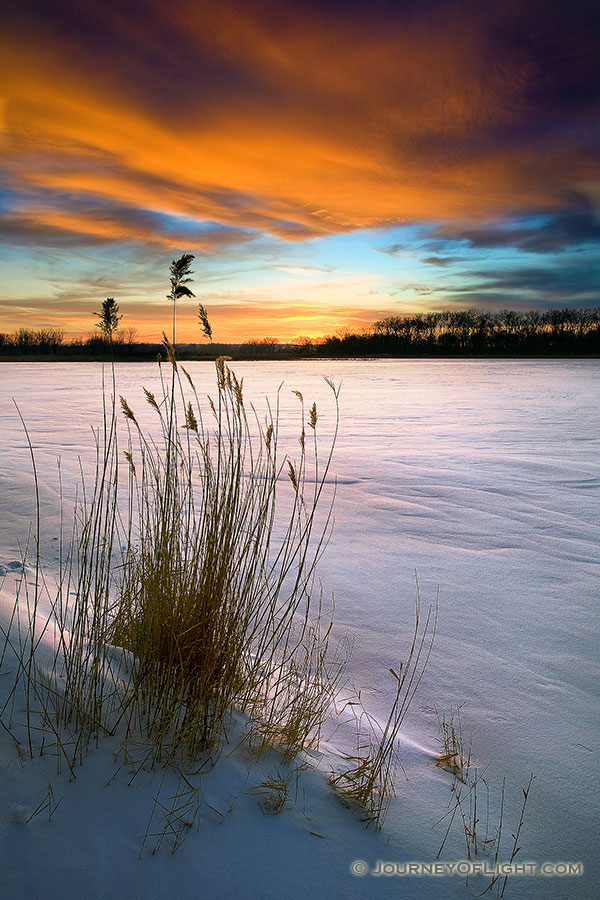 As the sun dipped below the horizon, the clouds lit up in the sky across the snow covered DeSoto Lake at DeSoto National Wildlife Refuge. - DeSoto Photography