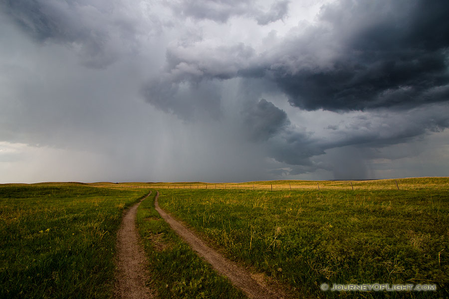An ominous storm hovers over a two track in McKelvie National Forest.  The clouds slowly roll through dropping rain over the sandhills while lightning lights up the sky and the sound of thunder fills the air. - Sandhills Photography