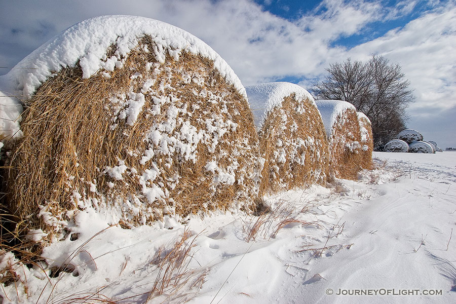 A white blanket of snow covers a row of hay bales in the country. - Mahoney SP Photography