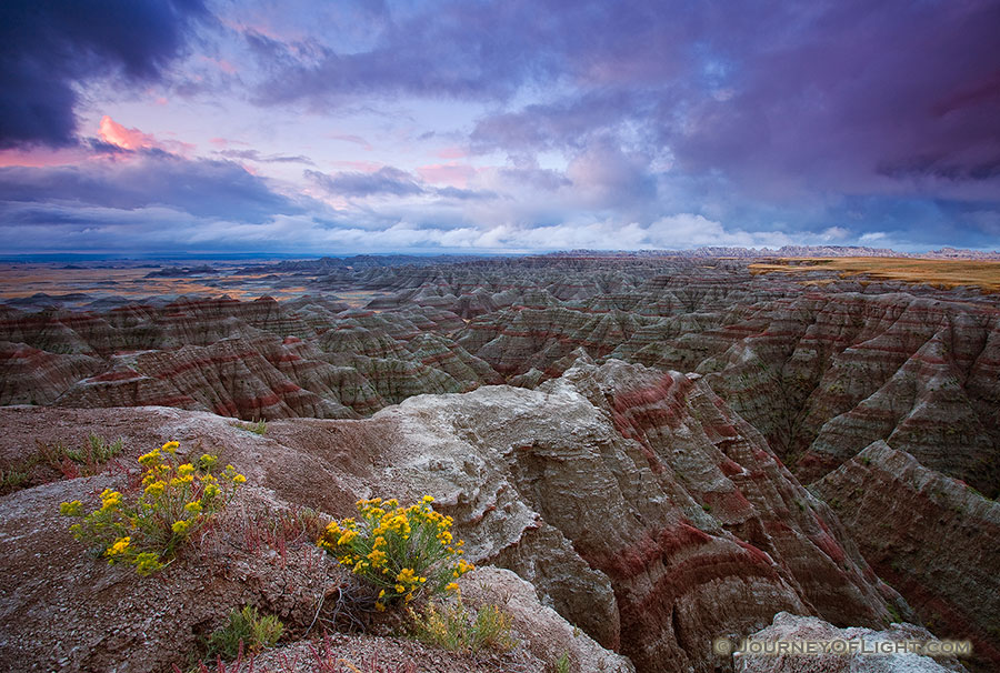 On a cool morning, the smell of a past rain fills the air.  The sunrise illuminates the passing storm clouds at Badlands National Park, South Dakota. - Badlands NP Photography