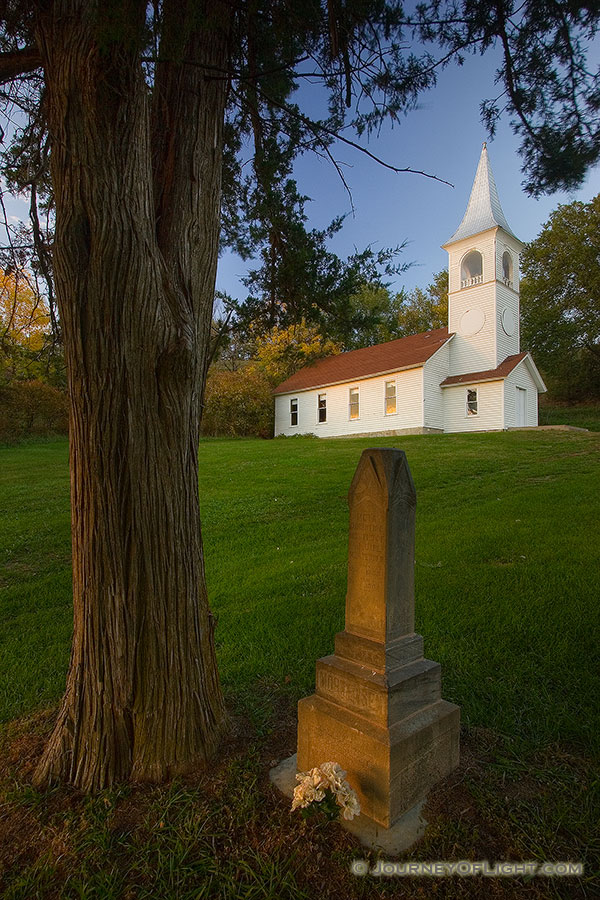The Ingemann Danish Church and Cemetery west of Moorhead in the Loess Hills of Iowa was founded by early immigrants in 1884. This unique country church offers a scenic respite for travelers. - Iowa Photography