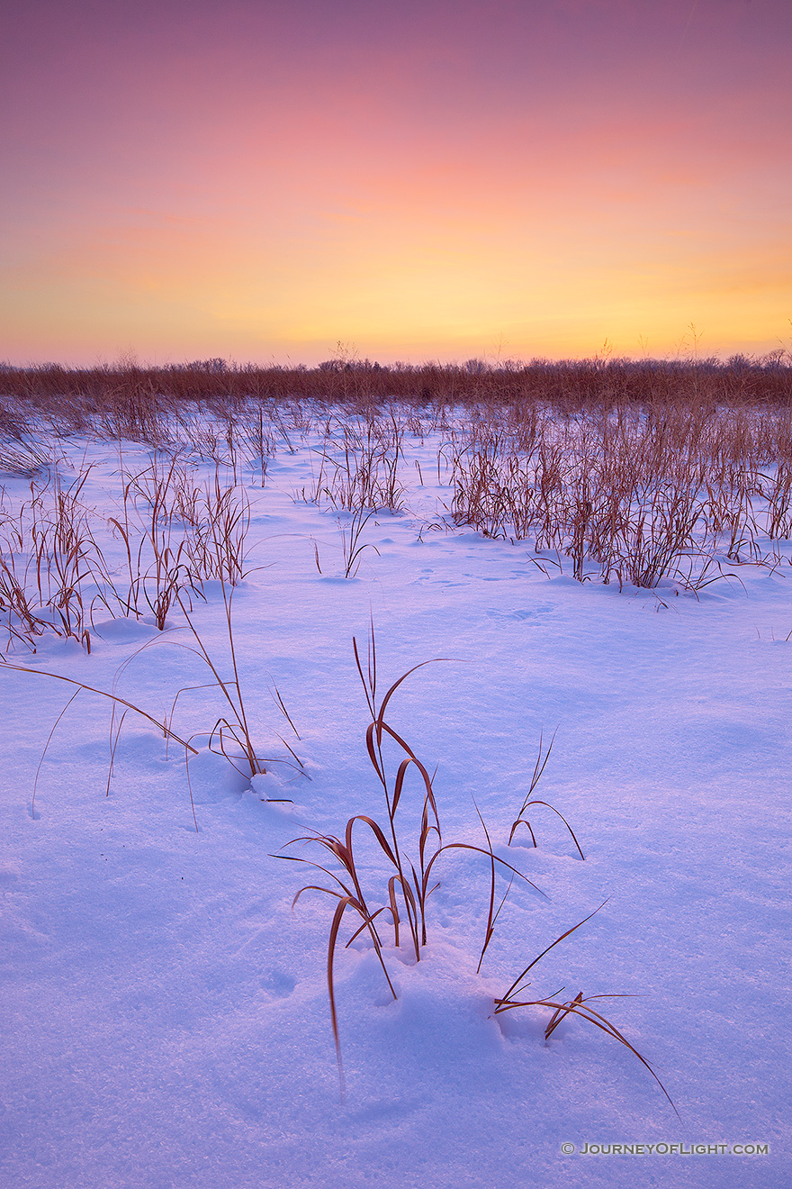 Sunset comes across the cold prairie at Boyer Chute National Wildlife Refuge.  A recent snowfall left a soft, white blanket across the landscape which reflects the warm hues of the setting sun. - Boyer Chute Picture