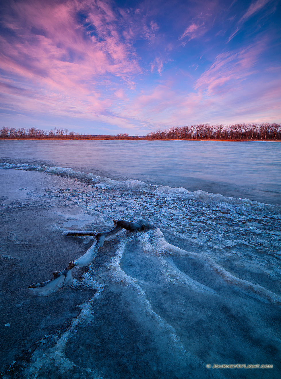 In early winter, sunrise hits the landscape illuminating the forming ice on the lake at DeSoto National Wildlife Refuge.   In late November, when I was showing at the Art of the Wild show at DeSoto National Wildlife Refuge, I arrived early, about a half hour before sunset and made my way down to the lake.  On this particularly cold day I setup my tripod and waited for the rising sun to illuminate the landscape.  In the few minutes before sunrise I quietly watched the activity all over the lake -  geese and ducks flew overhead and a single Bald Eagle made his way down the lake.  In the minute before sunrise it seemed that all the activity stopped briefly and the sun began to illuminate the far shore.  Then just as quickly as the activity had stopped, it started again and the ducks and geese flew into the morning light. - DeSoto Picture
