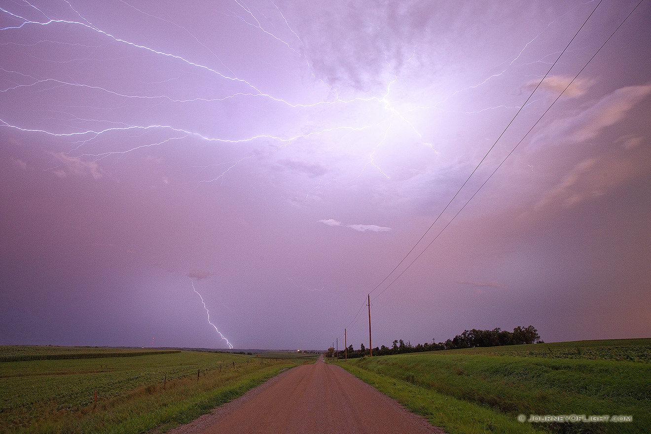 An intense lightning storm in rural eastern Nebraska lights up the sky with bolts extending in all directions. - Nebraska Picture